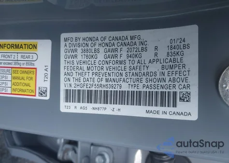2024 Honda Civic Sport from USA, damaged, VIN 2HGFE2F55RH539279